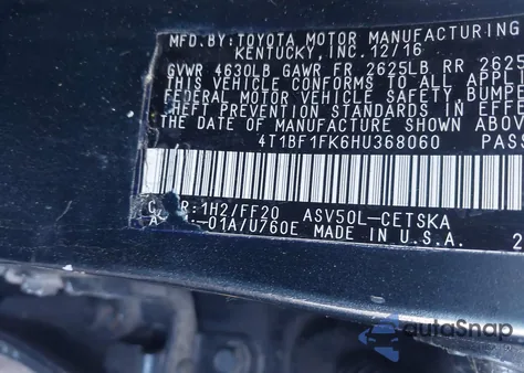 2017 Toyota Camry Se z USA, uszkodzony, nr VIN 4T1BF1FK6HU368060